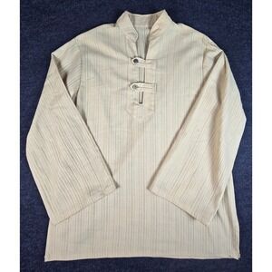 Men's Mandarin Collar Tunic Shirt Beige Striped Asian Style Long Sleeve Size XL